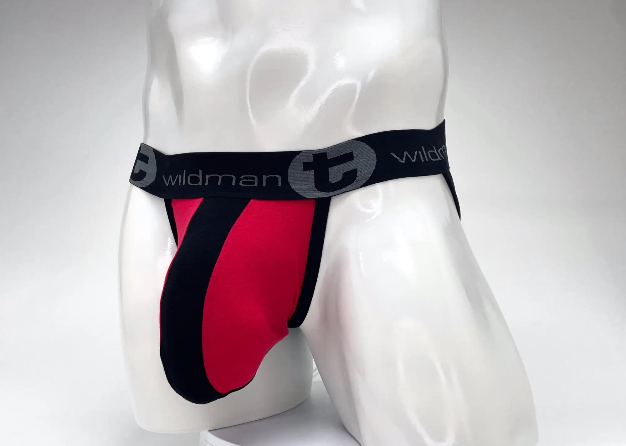 WildmanT cotton big boy pouch stripe jockstrap in red and black with a sleek form-fitting design