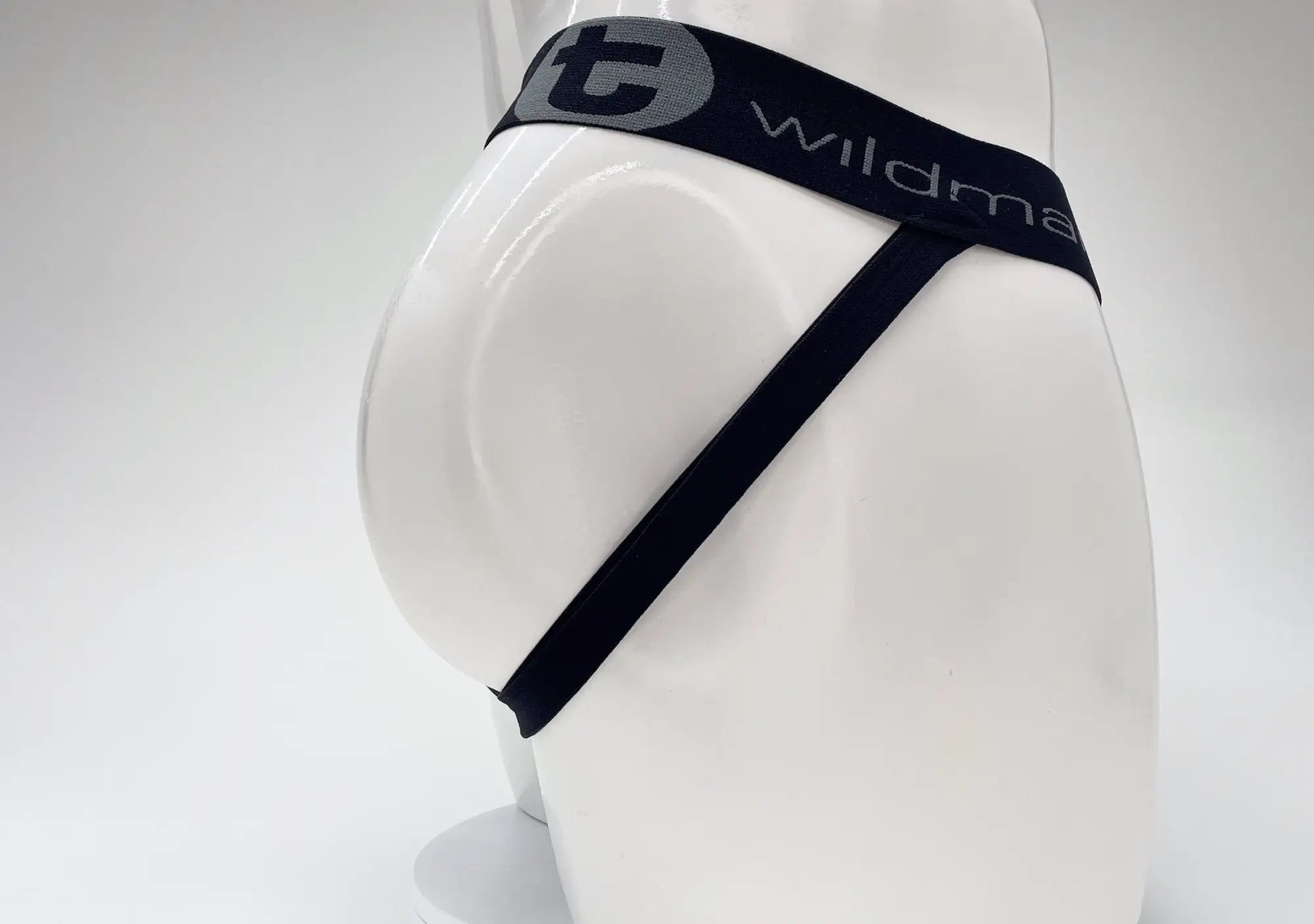 Black wildman brand briefs with gray logo waistband paired with wildmant cotton big boy pouch royal blue jockstrap