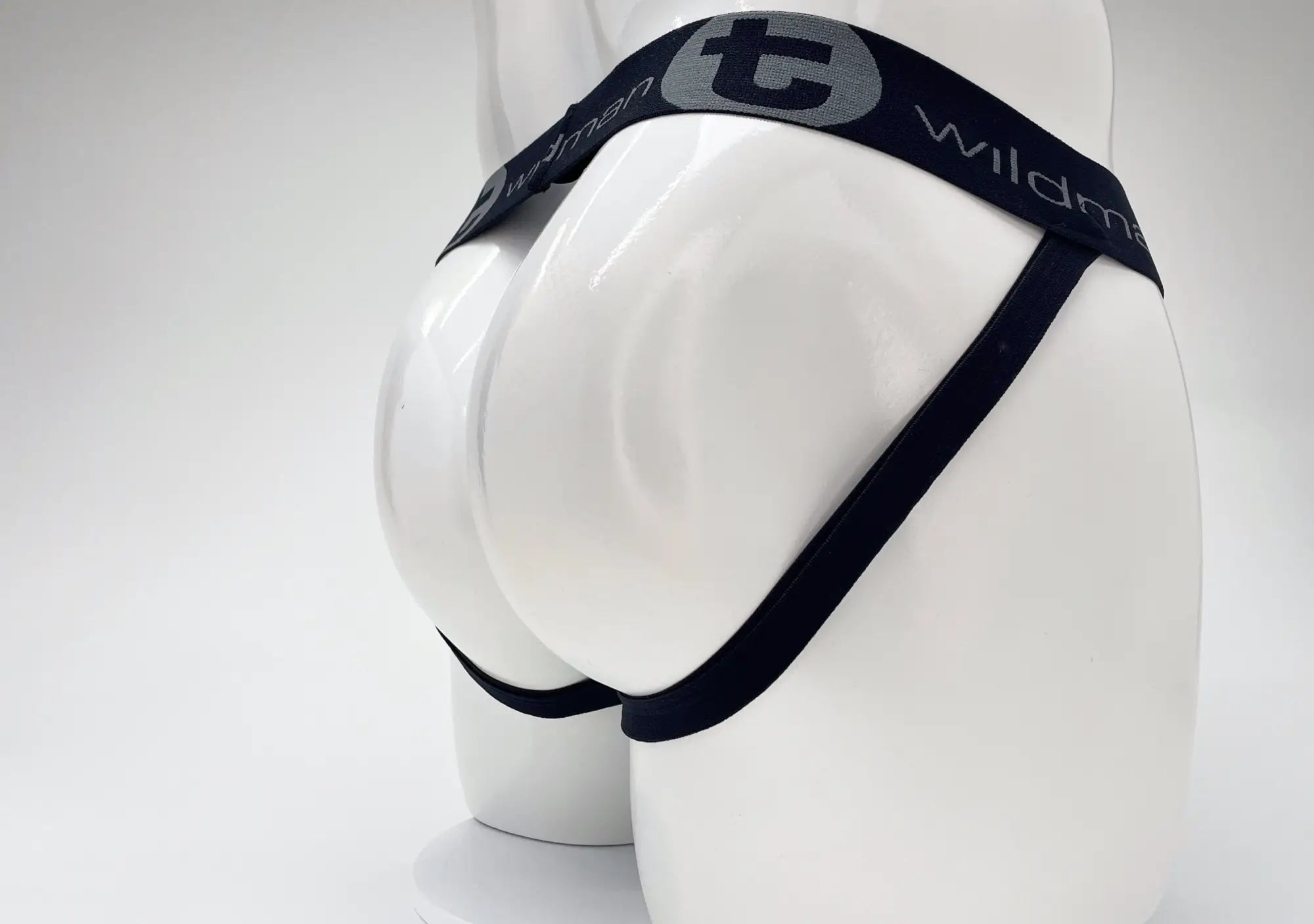 Wildmant cotton big boy pouch stripe jockstrap royal blue baby blue with black elastic waistband and gray t logo on mannequin