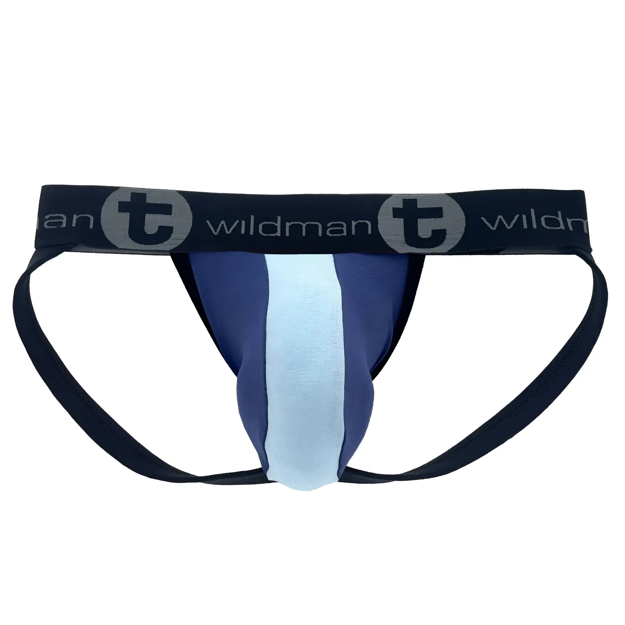 WildmanT cotton big boy pouch jockstrap in royal blue and baby blue with central stripe and wildman waistband logo