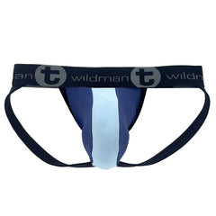 WildmanT cotton big boy pouch jockstrap in royal blue and baby blue with central stripe and wildman waistband logo