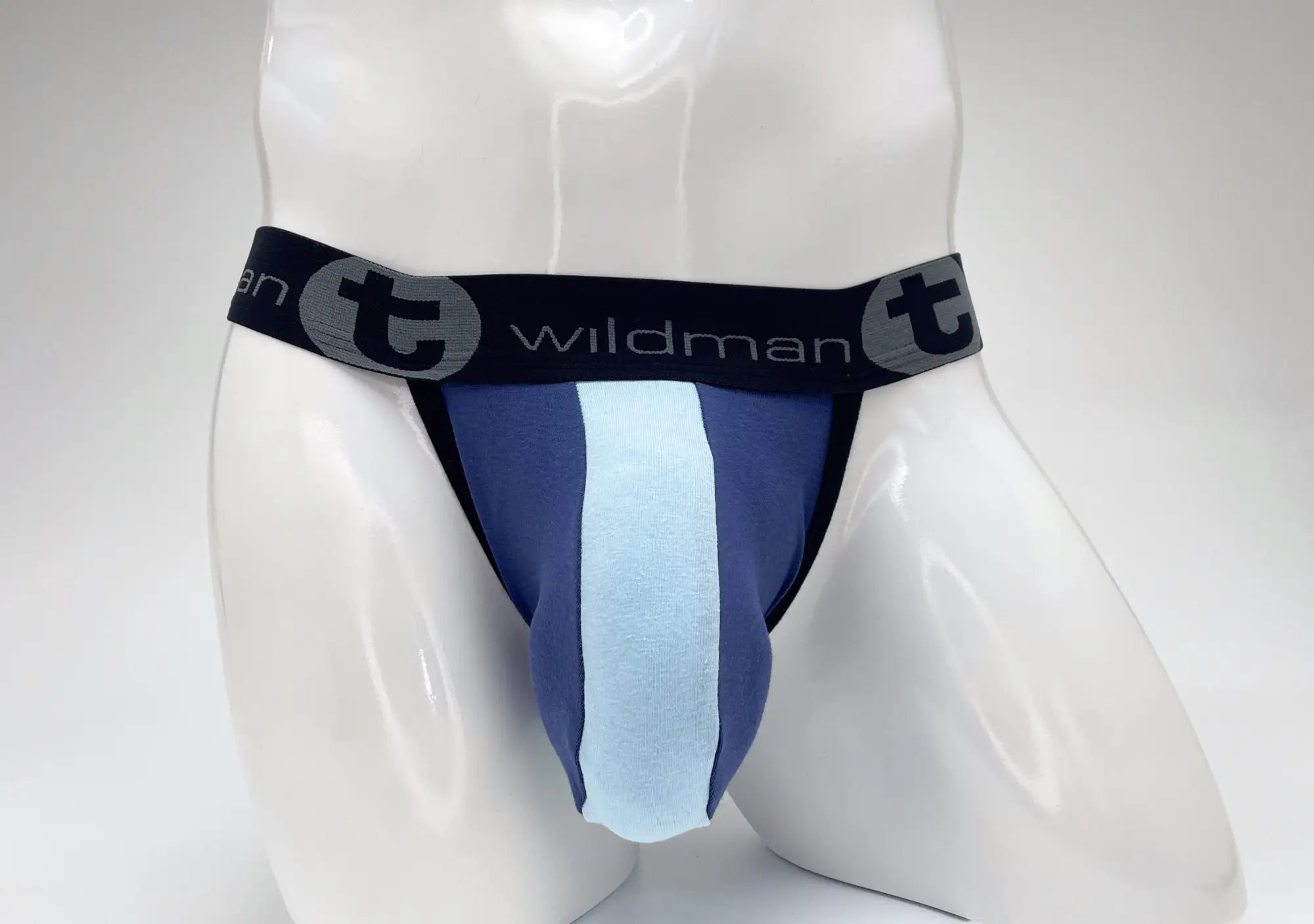 Wildmant cotton big boy pouch stripe jockstrap in royal blue and baby blue with black waistband and wildman logo
