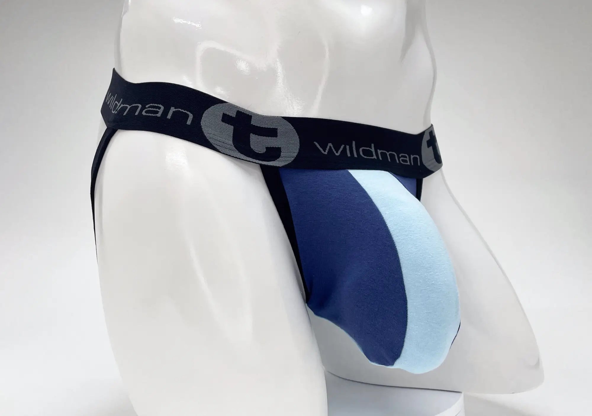 Wildmant cotton big boy pouch stripe jockstrap in royal blue and baby blue with black logo waistband