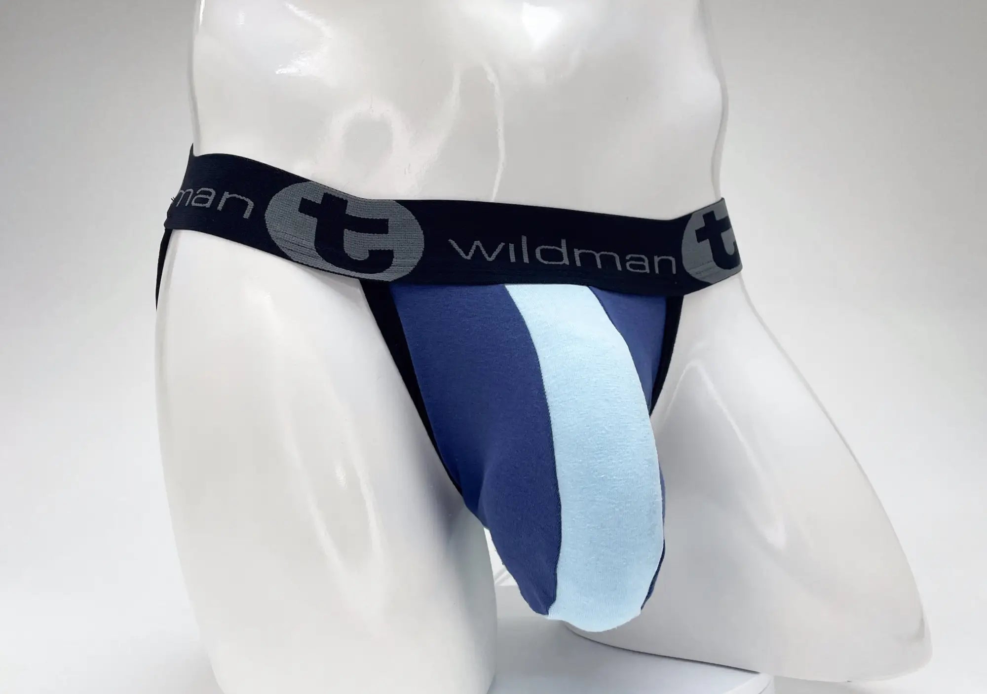 Wildmant cotton big boy pouch stripe jockstrap in royal blue and baby blue with black elastic waistband logo
