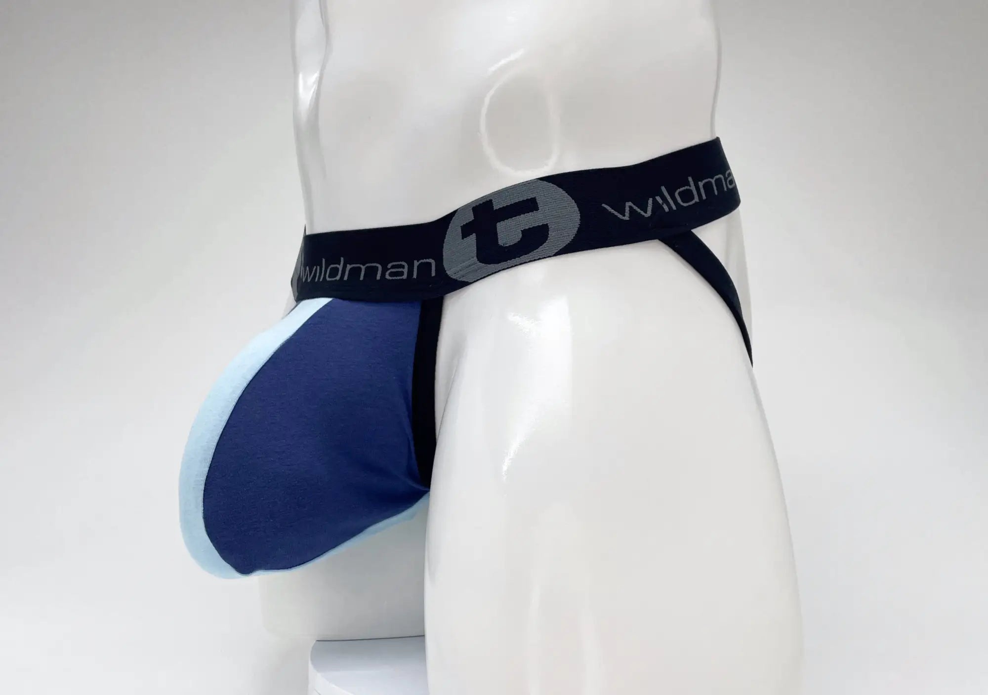 Wildmant cotton big boy pouch stripe jockstrap in royal blue and baby blue with black waistband and wildman logo