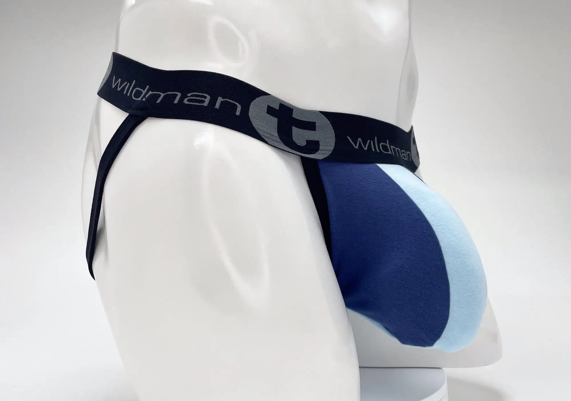 Blue and light blue wildmant cotton big boy pouch stripe jockstrap with black waistband and wildman t logo