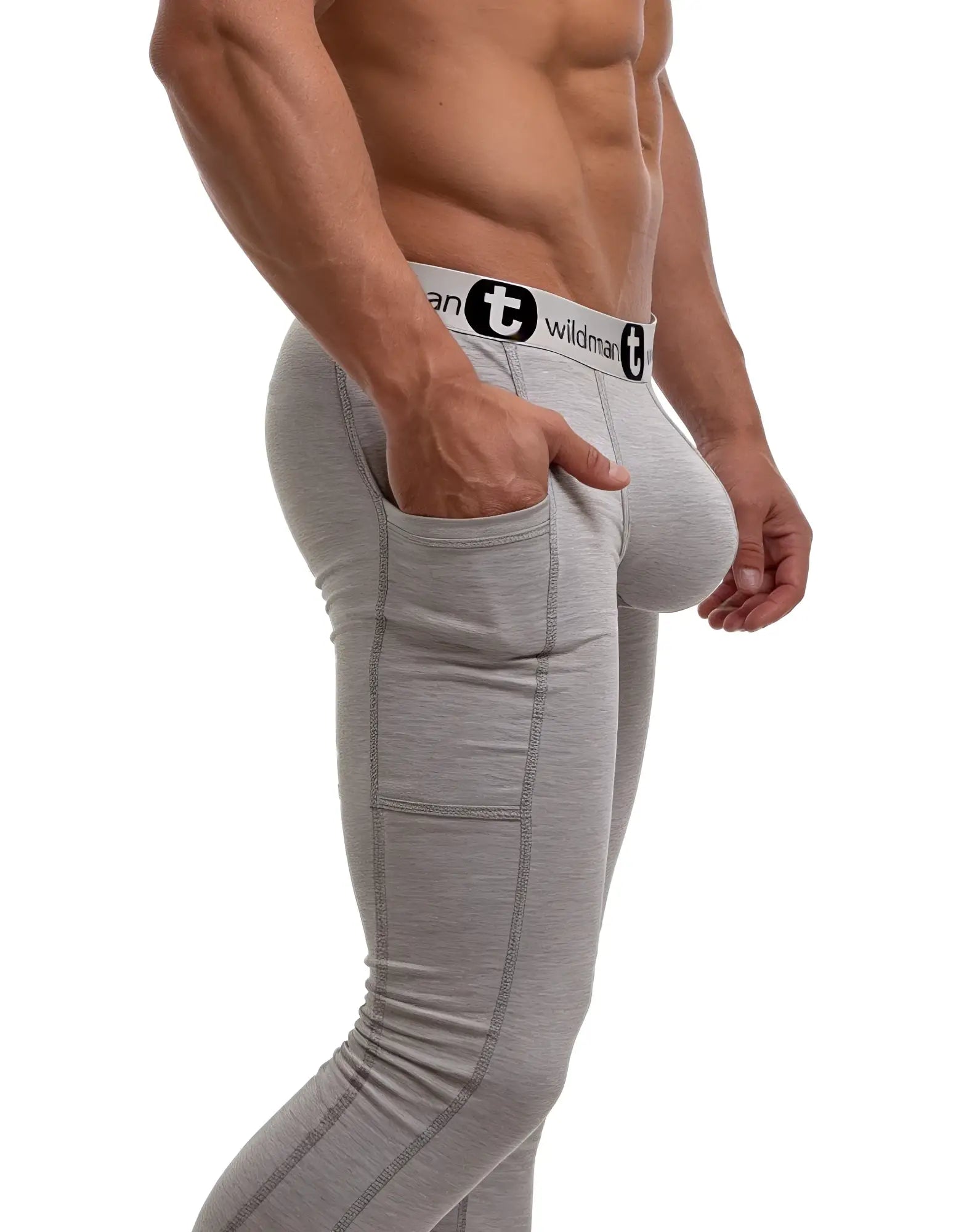Gray form-fitting cotton wildman wildmanT big boy pouch long johns underwear with white waistband and logo