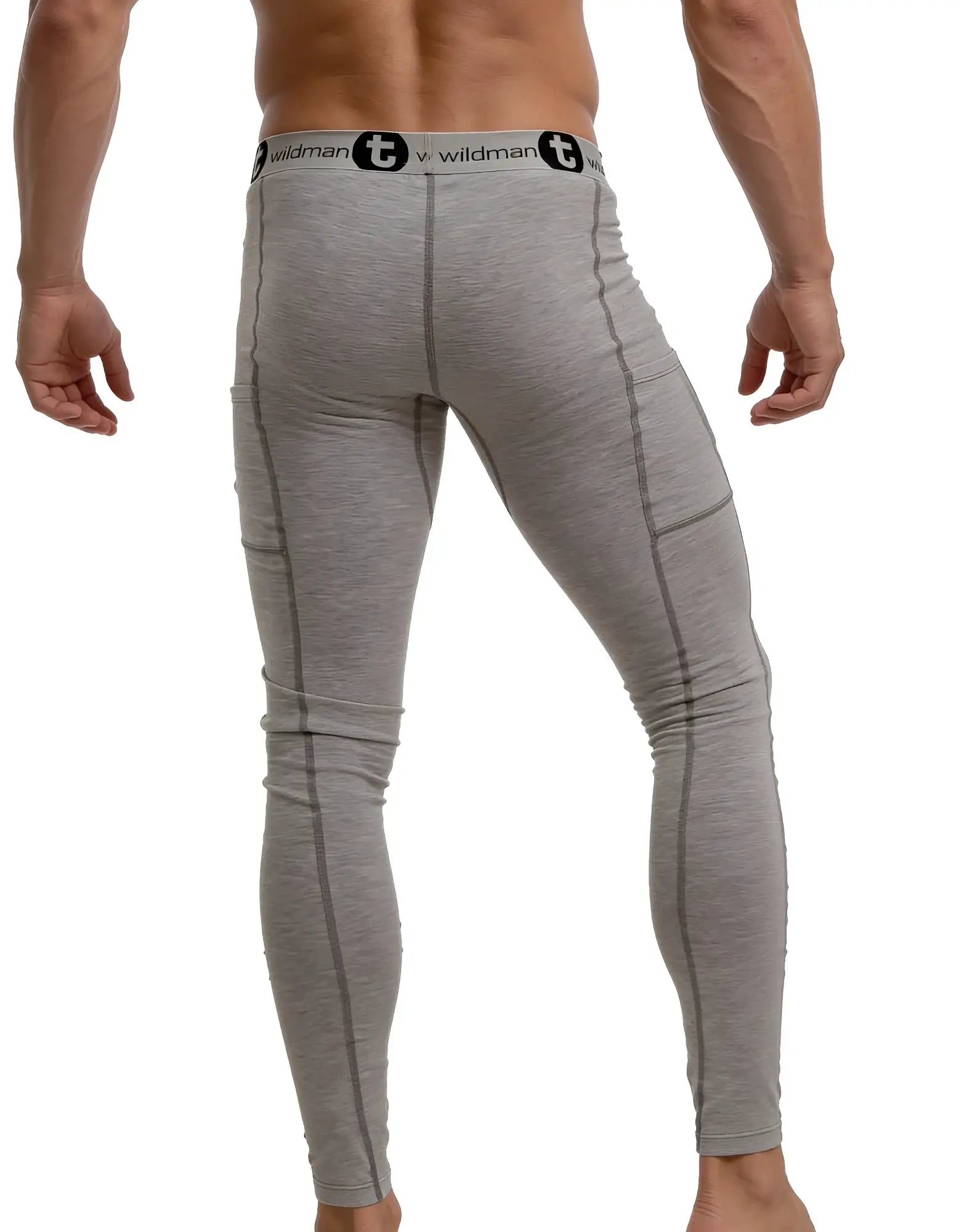 Gray heathered wildman brand compression leggings with black logo trim at waistband from wildmant cotton big boy pouch underwear long johns