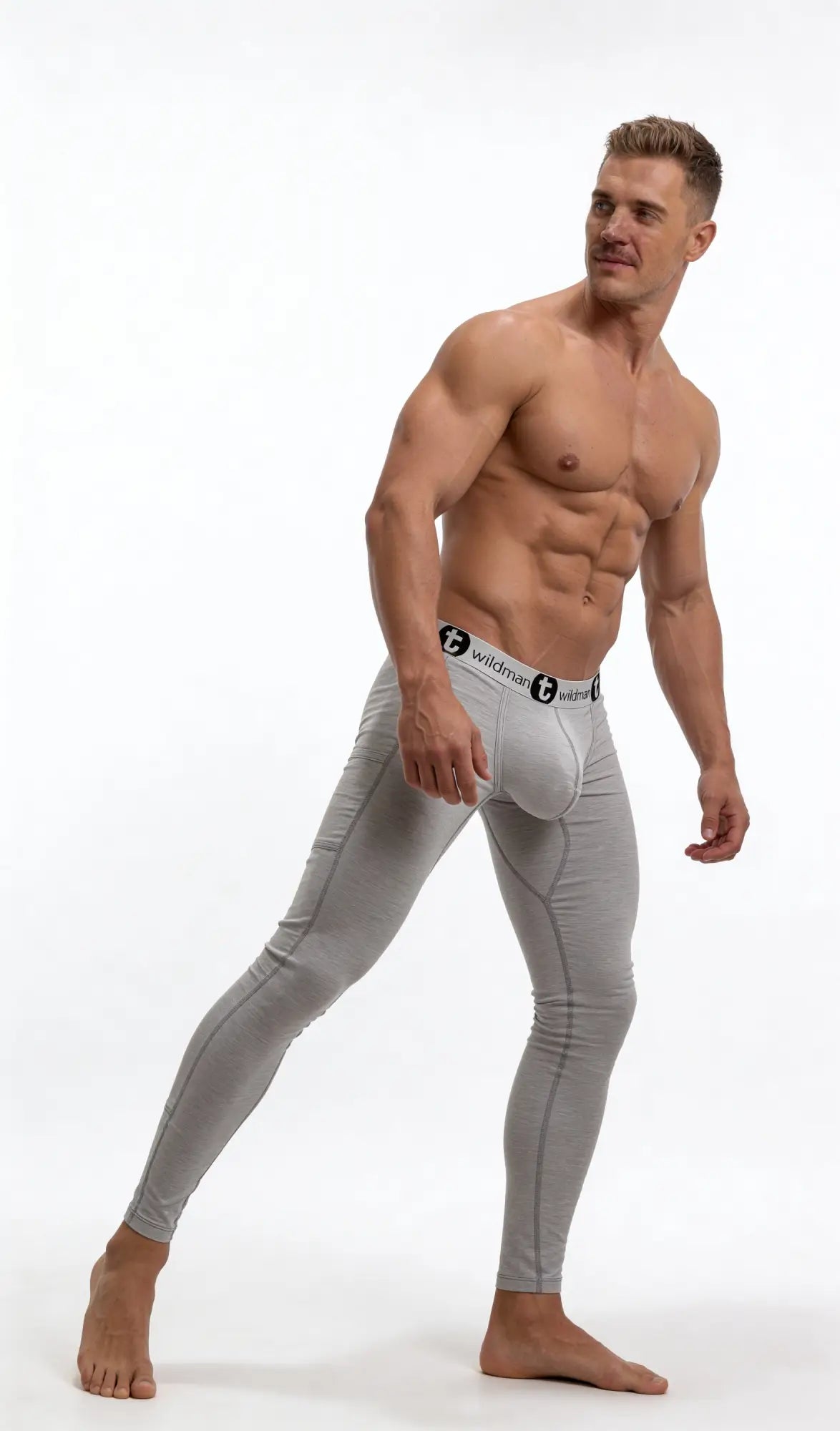 Wildmant cotton big boy pouch underwear long johns in gray with black boldr waistband form fitting men’s underwear