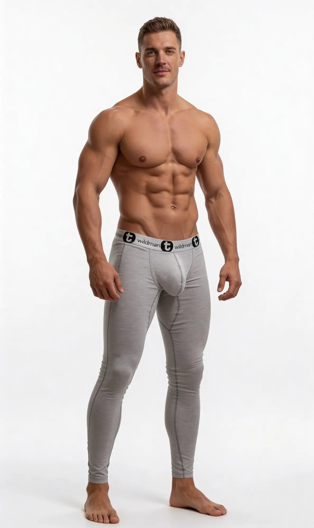 Gray form-fitting cotton wildman big boy pouch underwear long johns with black wildman logo waistband