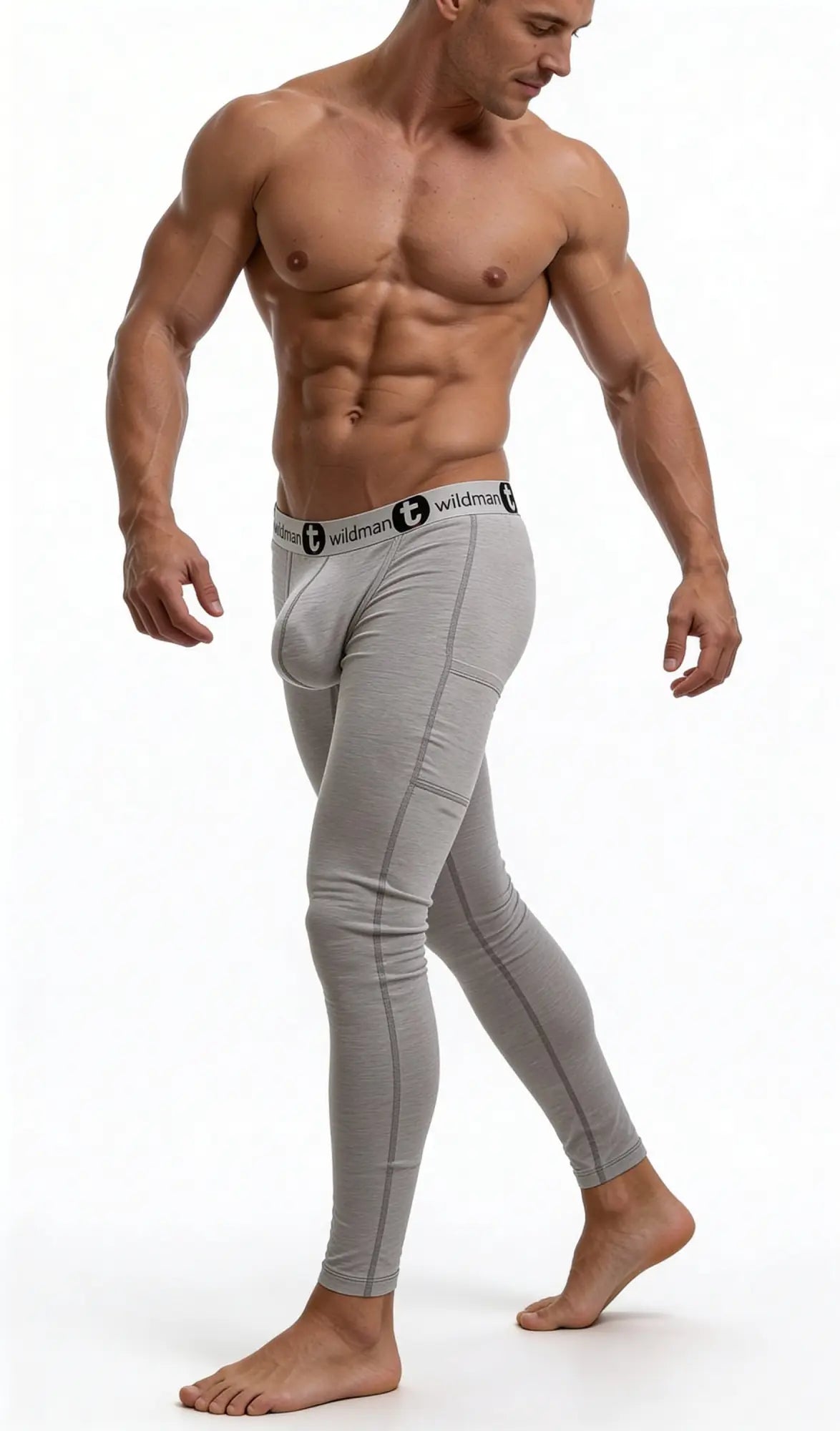 Gray form-fitting men’s cotton compression tights with black and white branded waistband WildmanT Big Boy Pouch