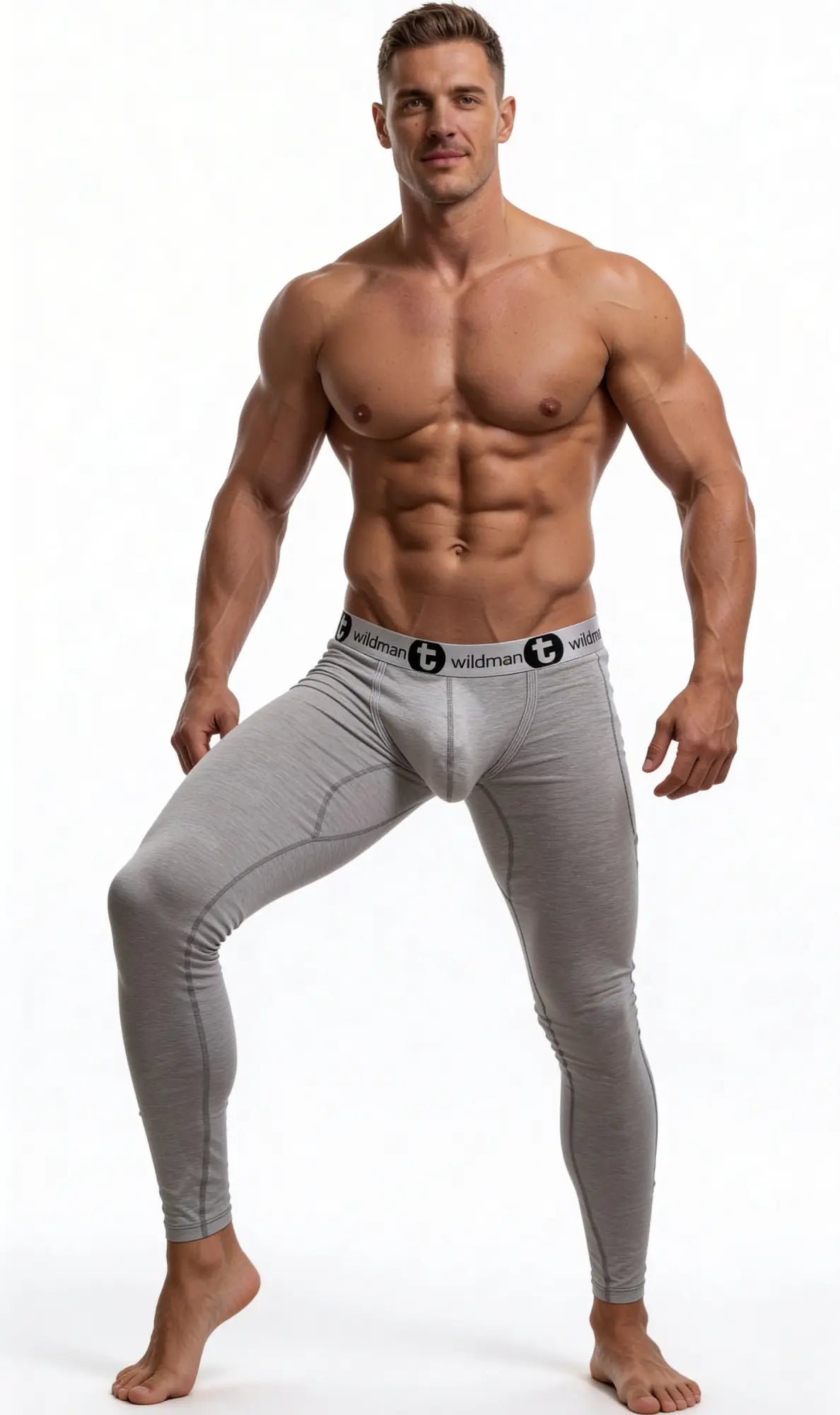 Gray form-fitting cotton WildmanT Big Boy Pouch compression tights with black waistband for men long johns