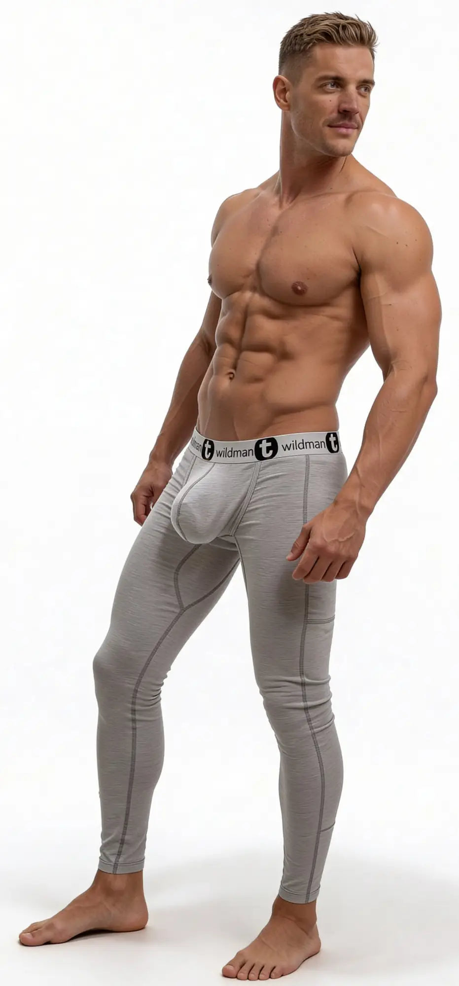 Gray form-fitting WildmanT cotton big boy pouch underwear long johns with a visible logo on the waistband