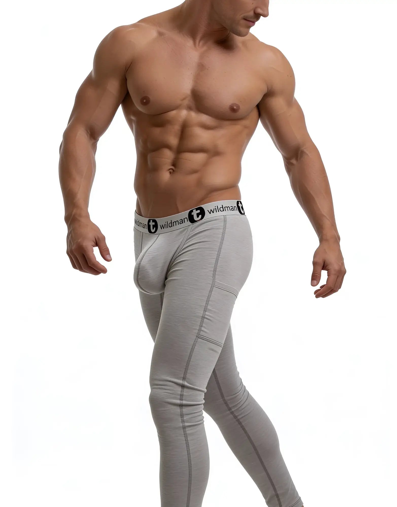 Gray form-fitting cotton wildmanT big boy pouch underwear long johns with white elastic waistband and wildman logo