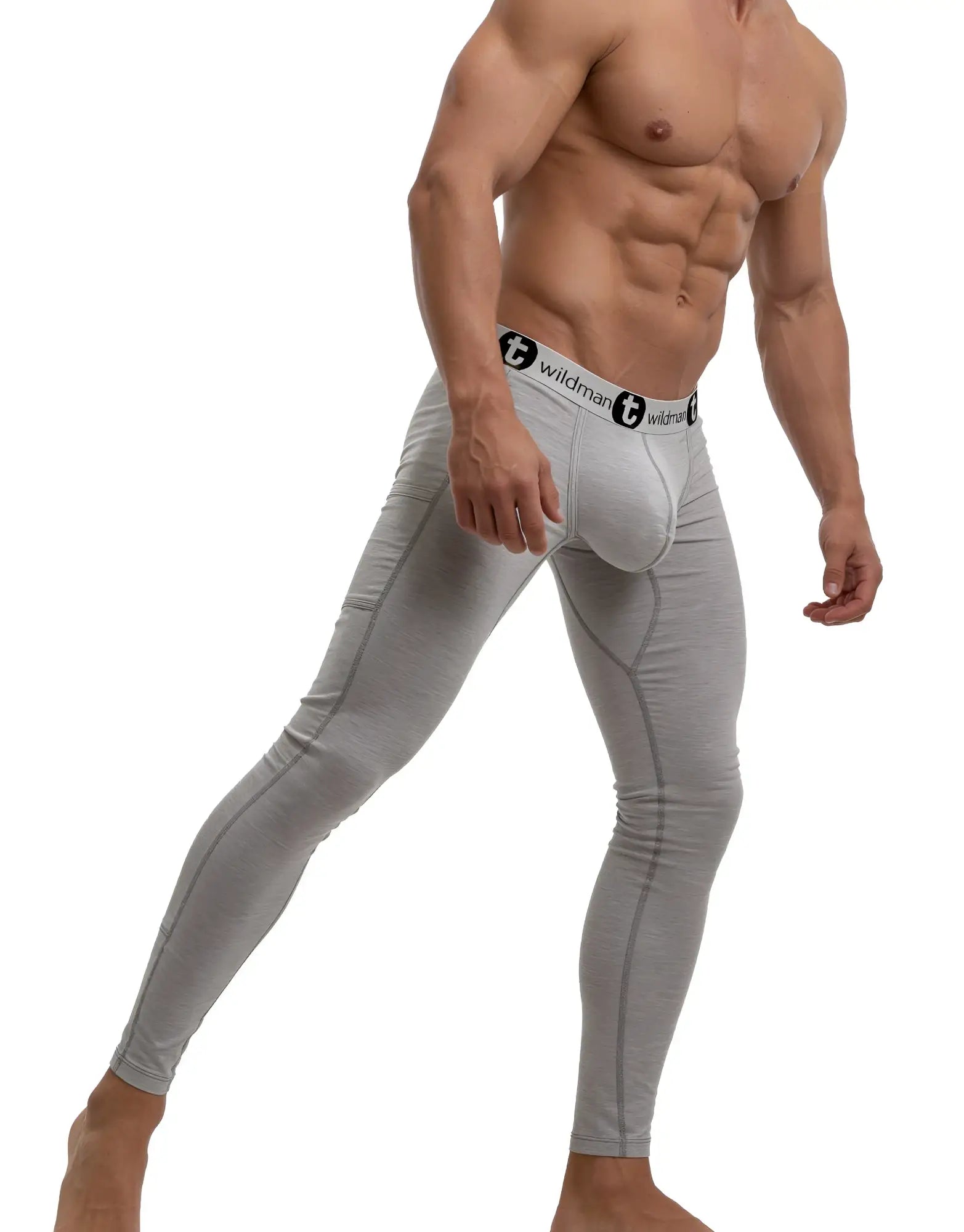 Gray form-fitting cotton long johns underwear with white elastic waistband featuring the wildman brand logo