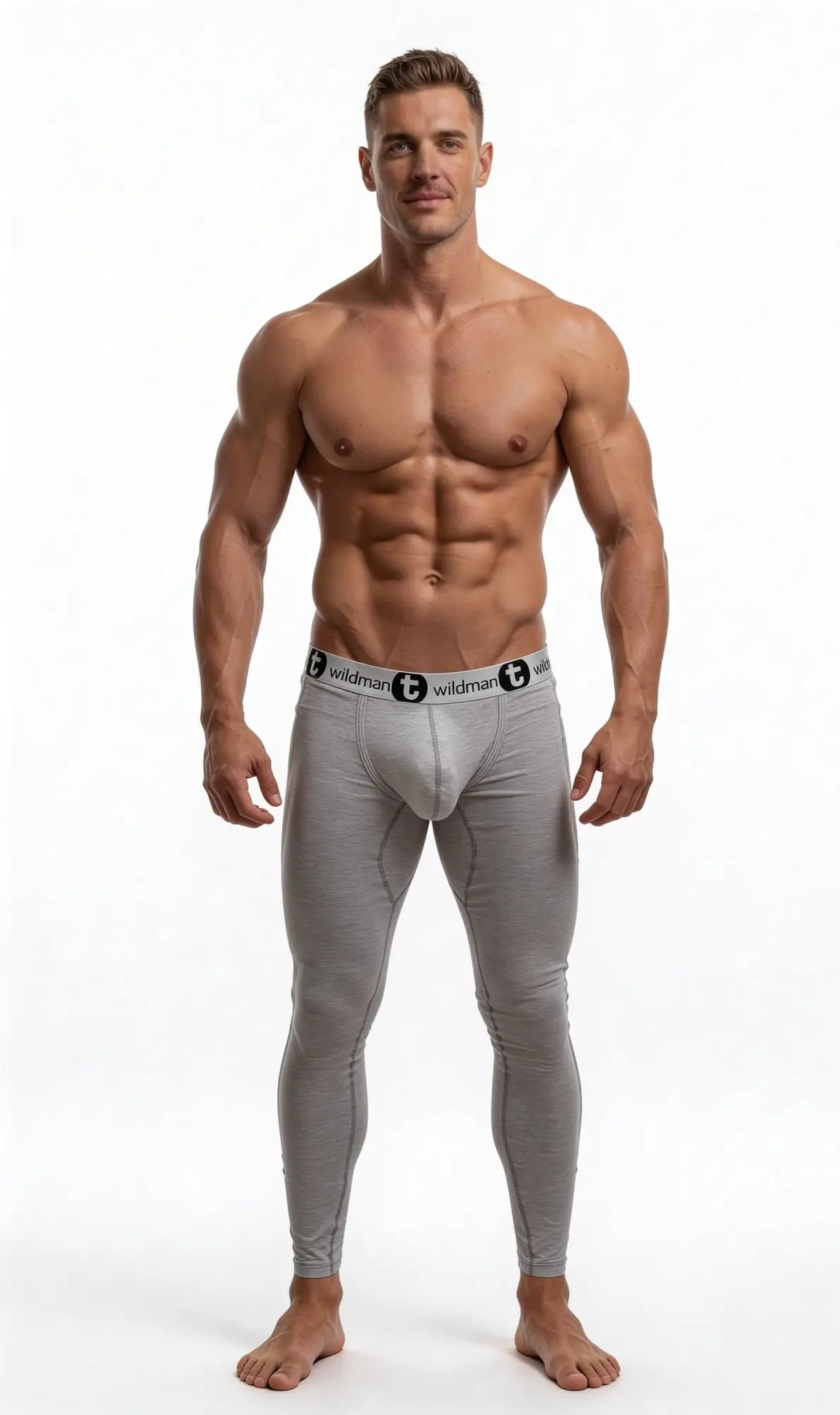 Gray wildman brand cotton compression tights with black logo waistband in wildmant cotton big boy pouch long johns design