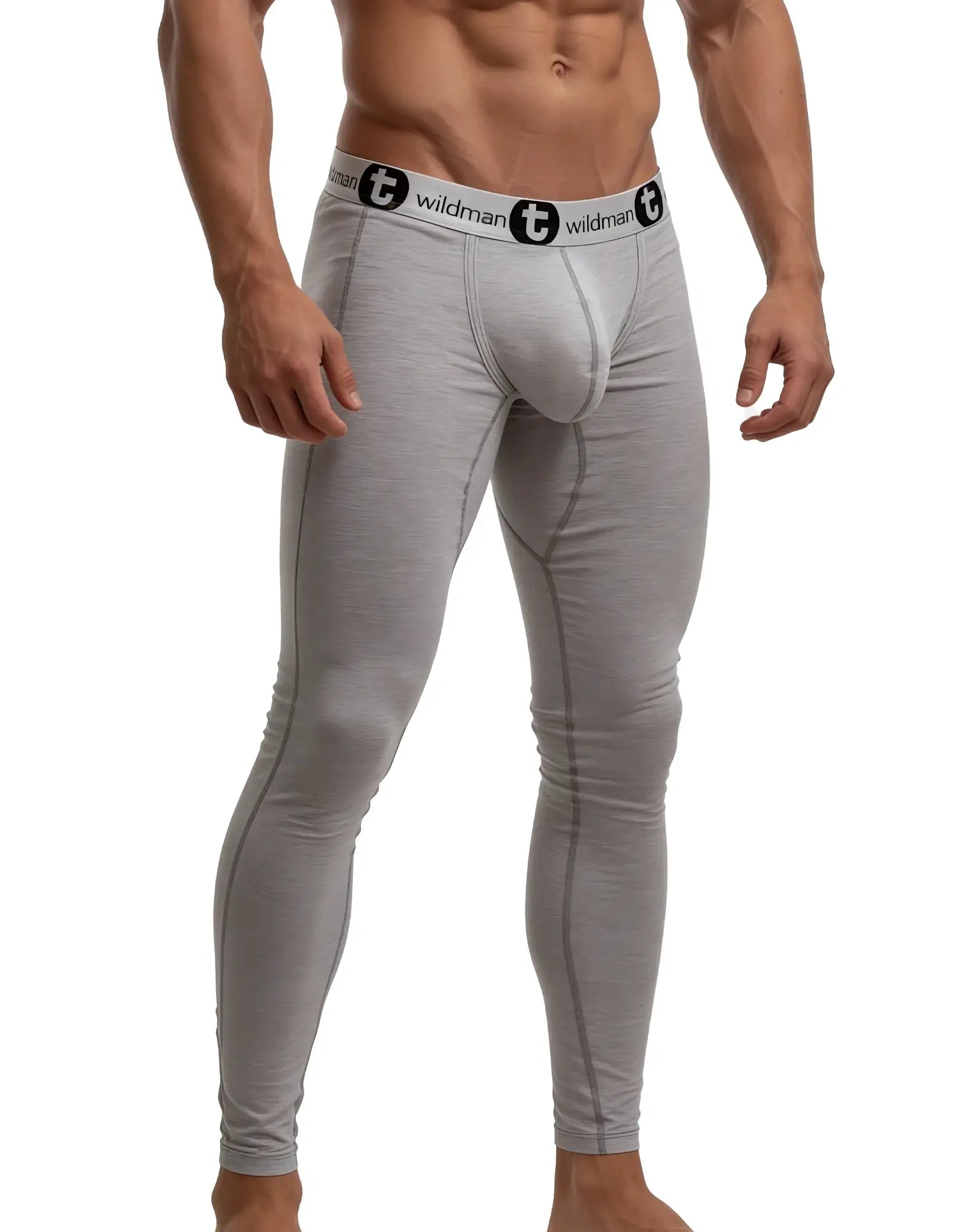 Gray wildman brand compression tights with white waistband and black logo branding for wildmant cotton big boy pouch long johns