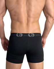 Black cotton boxer briefs with 5 inch inseam and gray elastic waistband featuring wildman logo and stylized t emblem