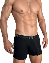 Black wildman boxer briefs with gray elastic waistband and logo made of cotton with a 5 inch inseam