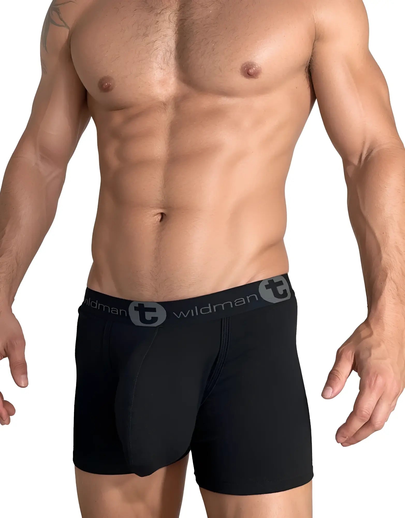 Black wildman cotton boxer briefs with 5 inch inseam and gray elastic waistband featuring brand logo