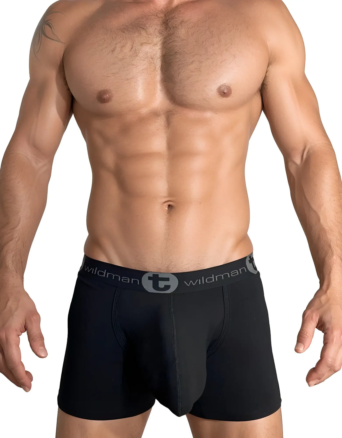 Black wildman cotton boxer briefs with 5 inch inseam and gray elastic waistband featuring brand logo