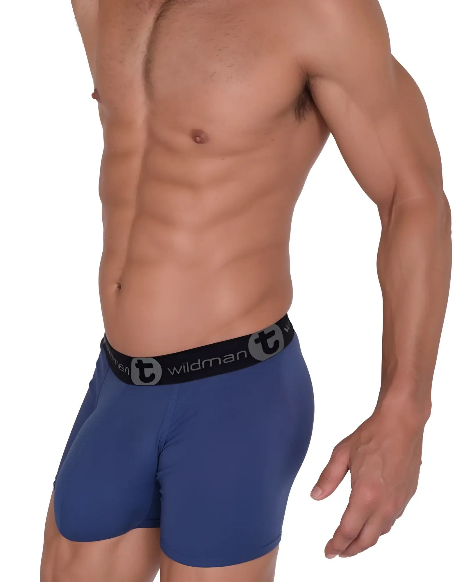 Blue wildman men’s cotton boxer briefs dark blue with black waistband featuring t logo and brand name