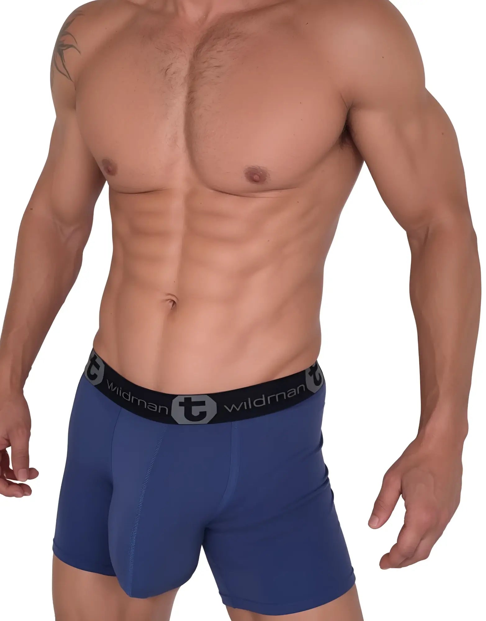 Dark blue wildmanT cotton boxer briefs with 5 inch inseam black waistband featuring wildman logo and stylized t emblem