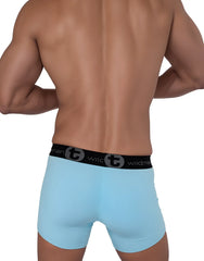 Light blue cotton wildmant boxer briefs with 5 inch inseam and black waistband featuring logo and circular t emblem