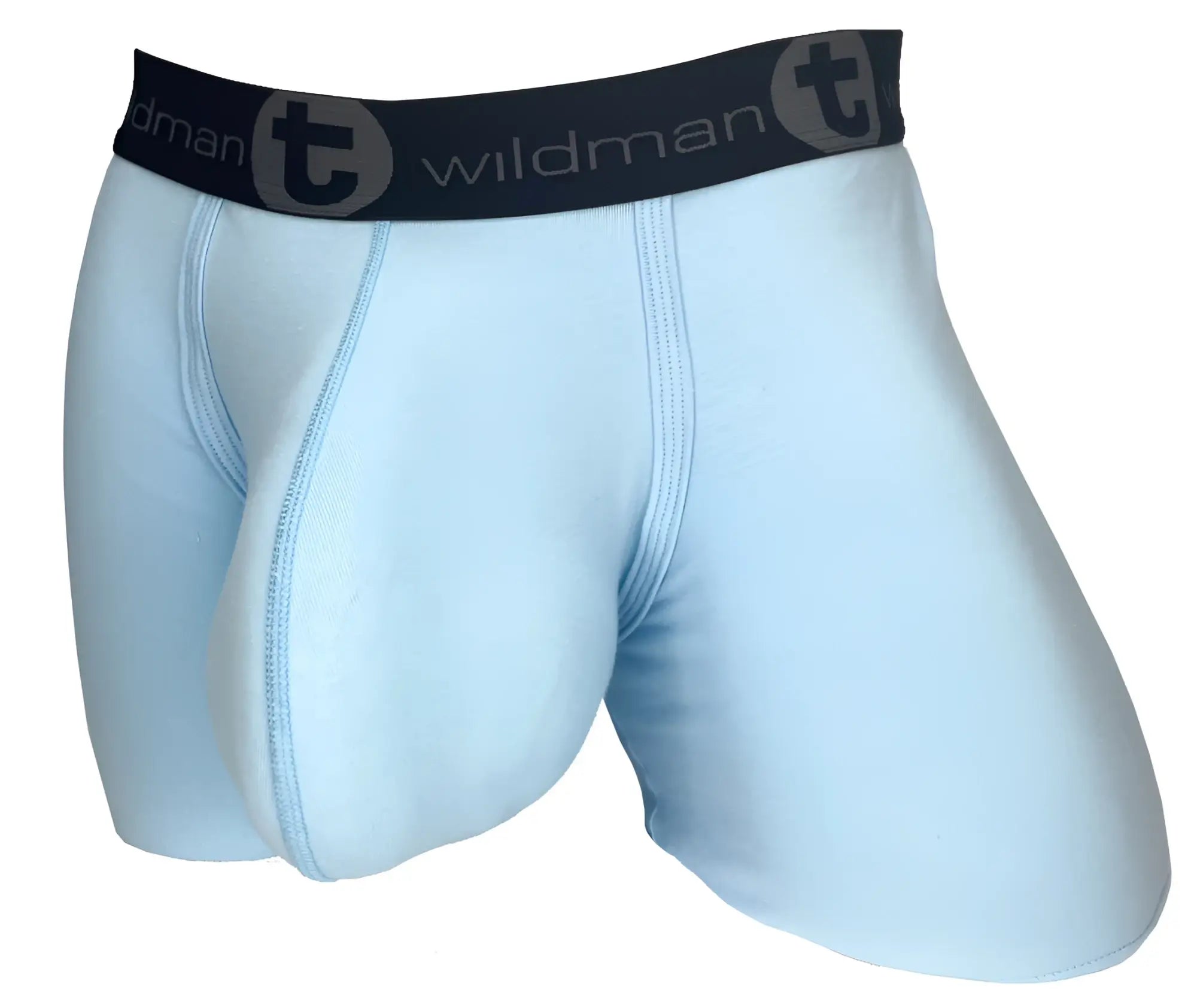 Light blue wildman cotton men’s boxer briefs with 5 inch inseam and black elastic waistband wildman logo