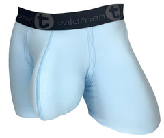 Light blue wildman cotton men’s boxer briefs with 5 inch inseam and black elastic waistband wildman logo
