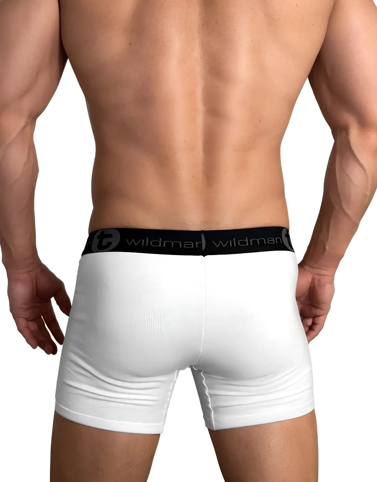 White wildman cotton boxer briefs with black elastic waistband and wildman logo featuring a 5 inch inseam