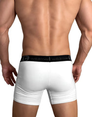White wildman cotton boxer briefs with black elastic waistband and wildman logo featuring a 5 inch inseam