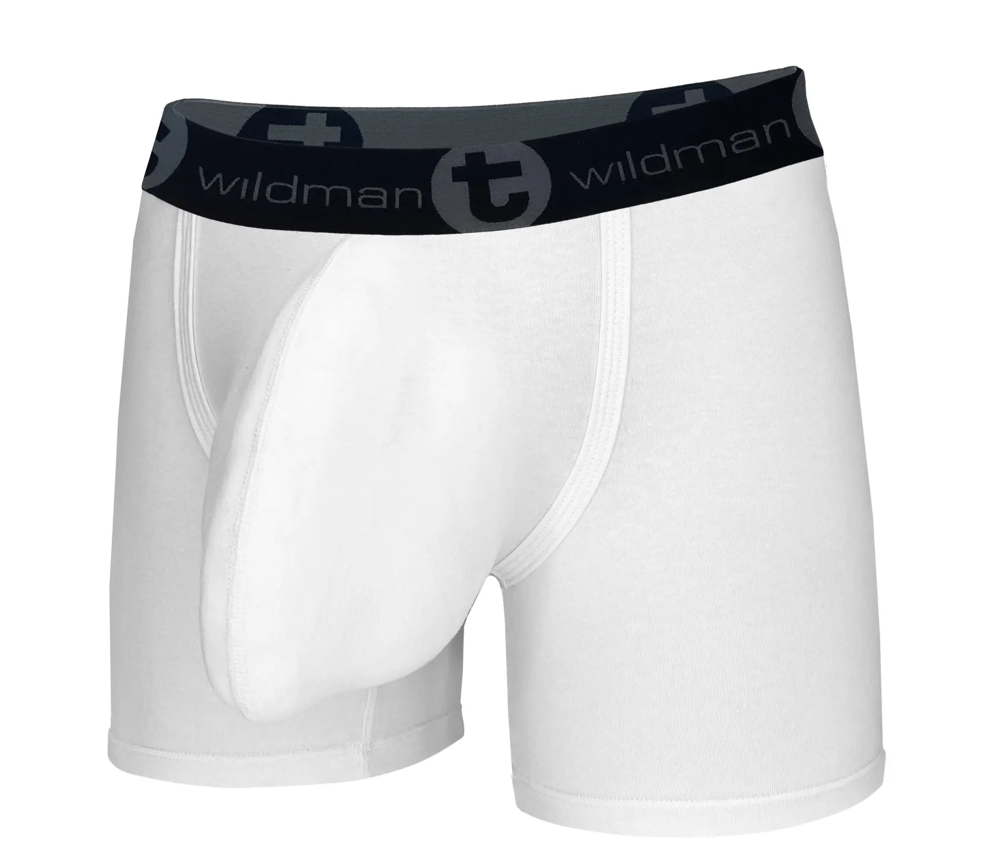 White wildman cotton boxer briefs with black elastic waistband and logo featuring 5 inch inseam for men