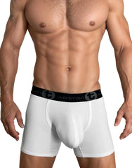 White mens cotton boxer briefs with black wildman waistband and circular emblem 5 inch inseam