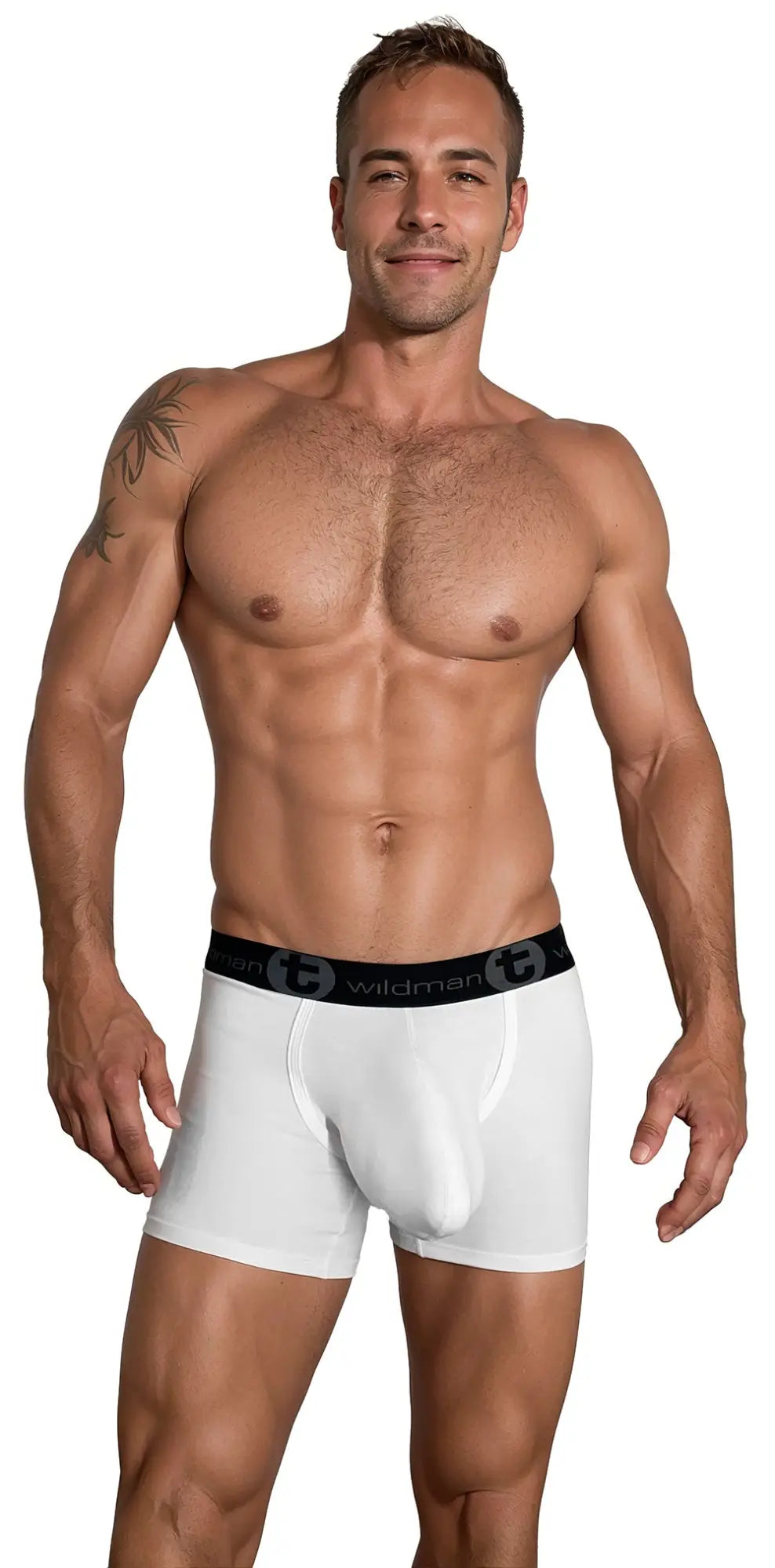 White men’s cotton boxer briefs with 5 inch inseam and black wildman elastic waistband wildmant logo