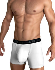 White cotton wildman boxer briefs with 5 inch inseam and black elastic waistband featuring wildman logo