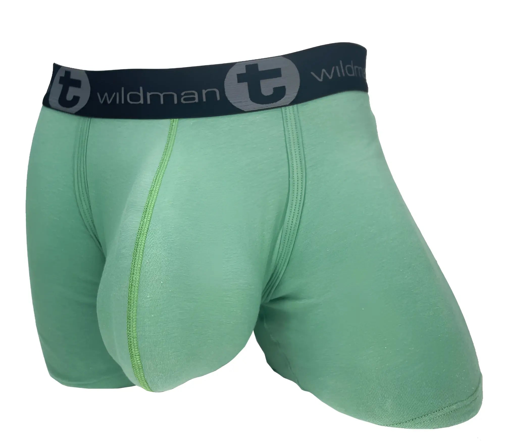Light green men’s cotton boxer briefs with 5 inch inseam and dark gray wildman waistband logo