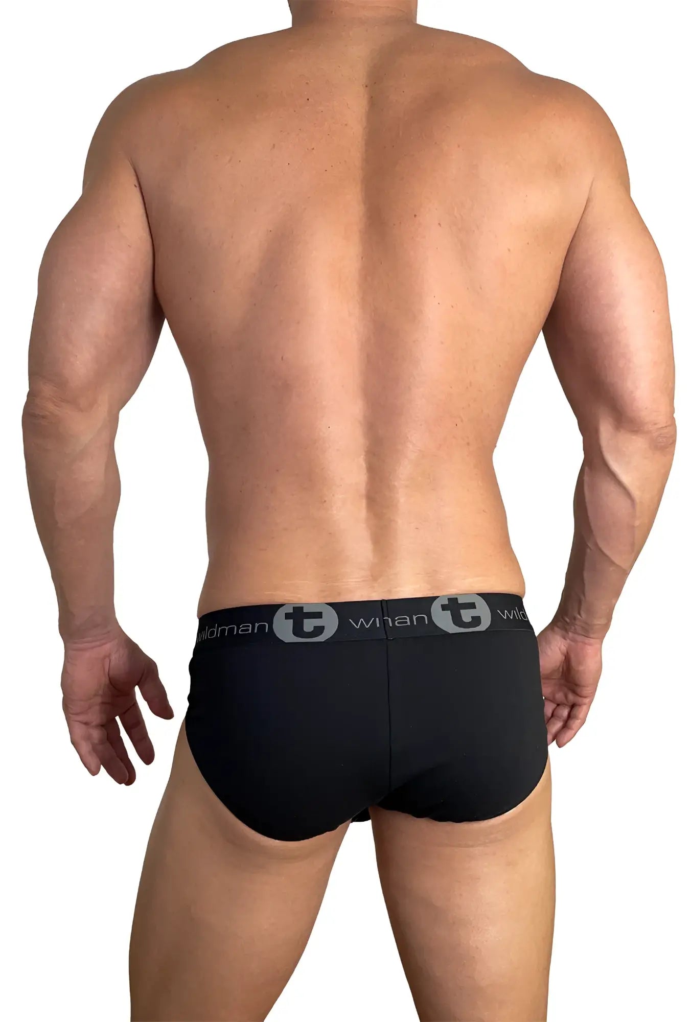 Black cotton wildmant briefs with gray elastic waistband featuring twinman logo for comfortable wear
