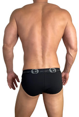Black cotton wildmant briefs with gray elastic waistband featuring twinman logo for comfortable wear