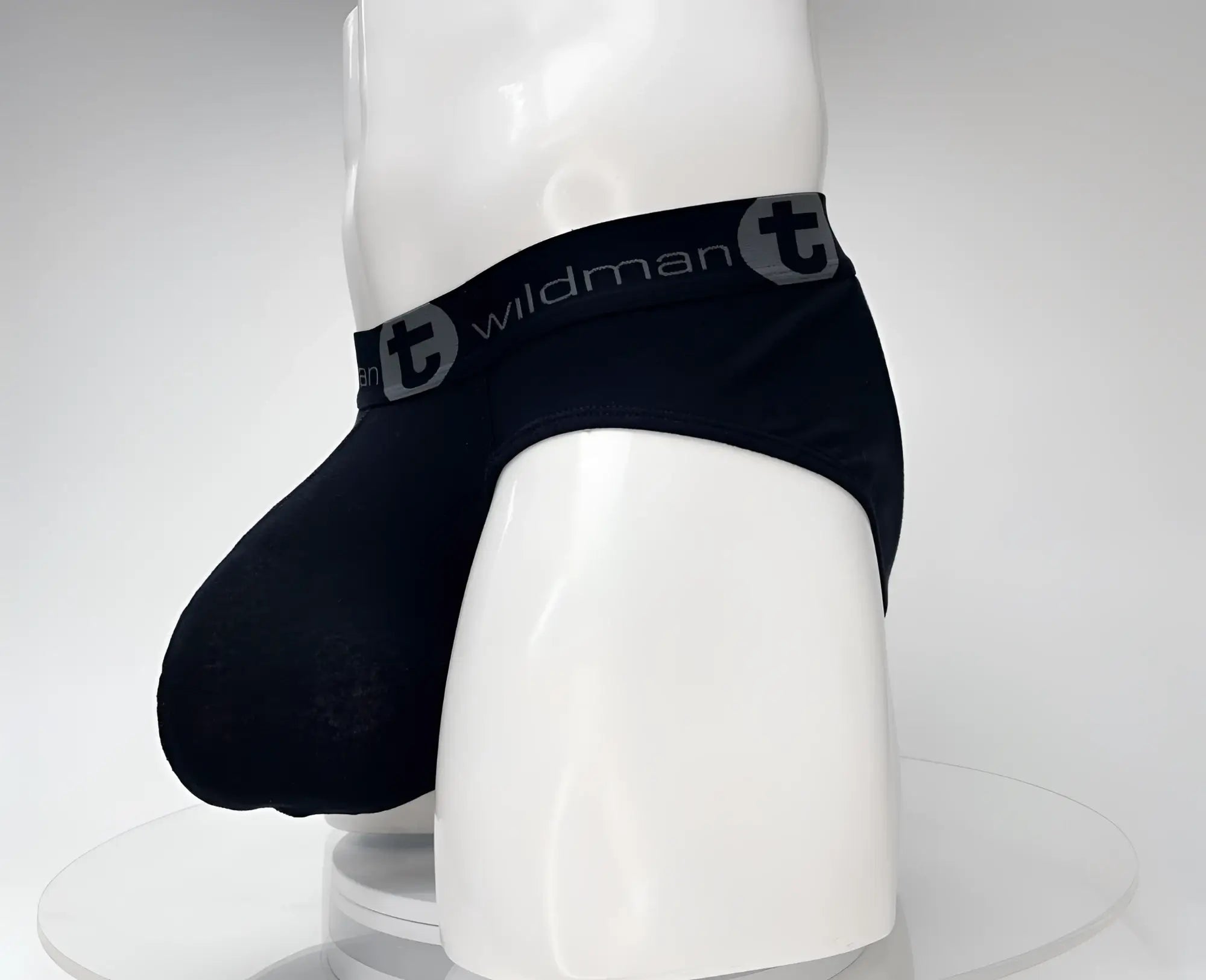 Black men’s cotton briefs with gray elastic waistband featuring wildman brand logo and lettering in monster cock style