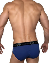 WildmanT cotton monster cock brief in dark blue and gray with black elastic waistband featuring wildman logo