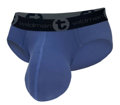 Blue wildman men’s cotton briefs with black elastic waistband featuring wildmanT logo in dark blue color