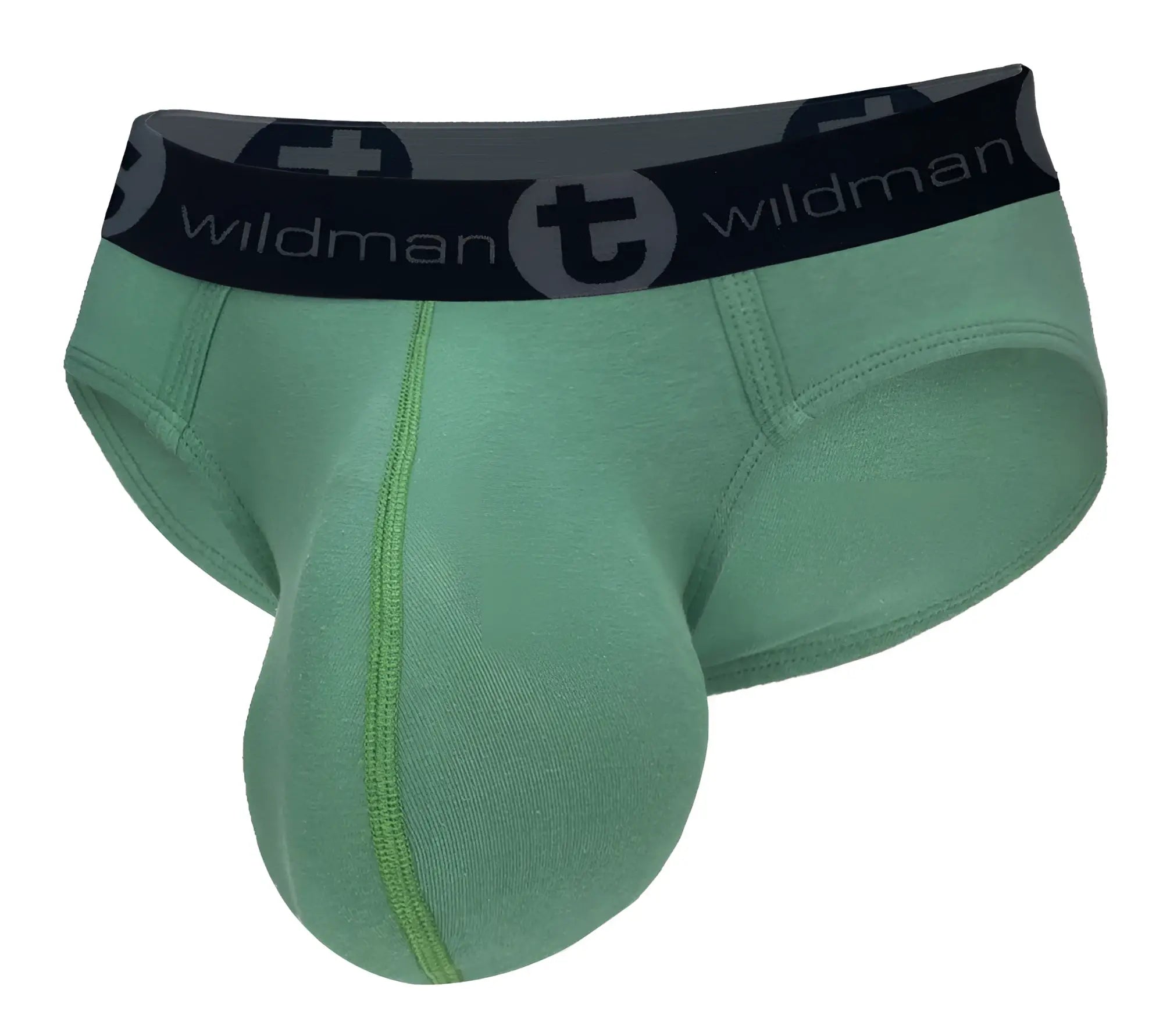 WildmanT cotton green men’s brief with black waistband featuring wildman logo and central circular emblem