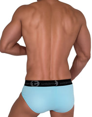 Light blue cotton briefs with black elastic waistband featuring Wildman logo and brand emblem WildmanT Monster Cock Brief