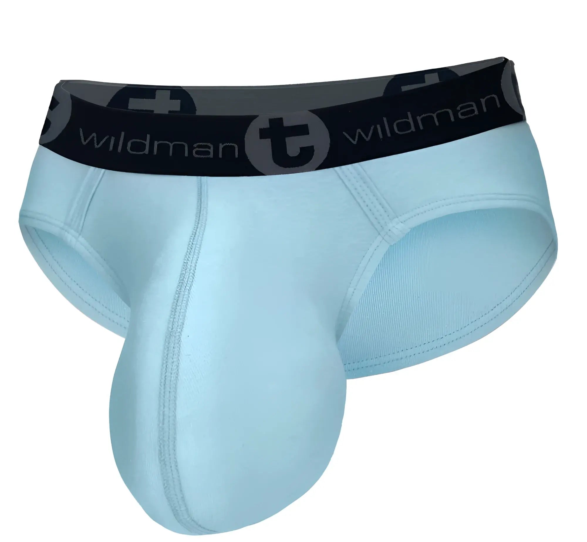 Light blue WildmanT cotton men’s briefs with black elastic waistband featuring Wildman brand name and logo