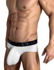 White men’s cotton briefs with a black elastic waistband featuring the wildman brand logo