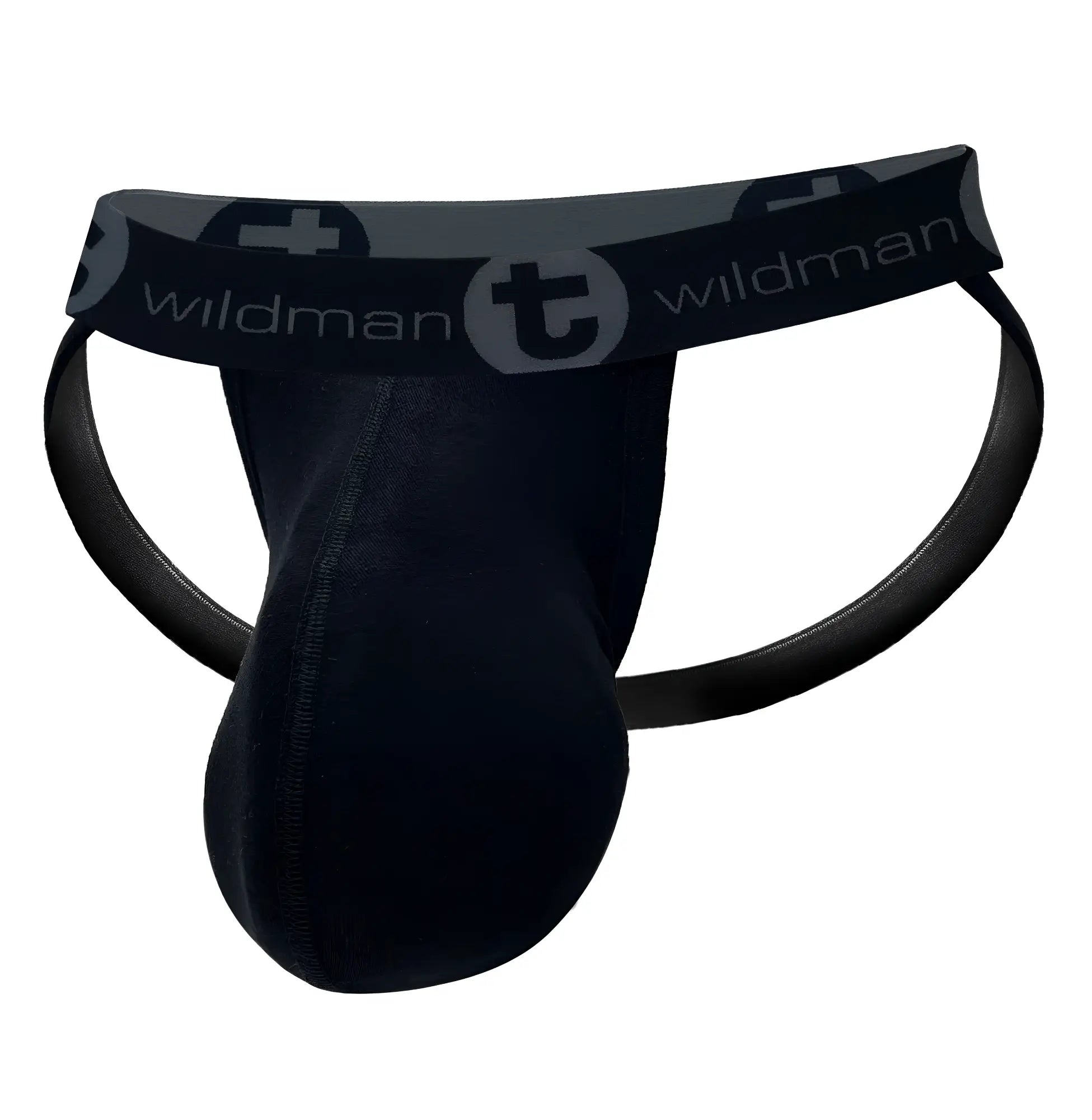 Black wildman cotton monster cock jockstrap featuring contoured design and elastic waistband with wildman logo