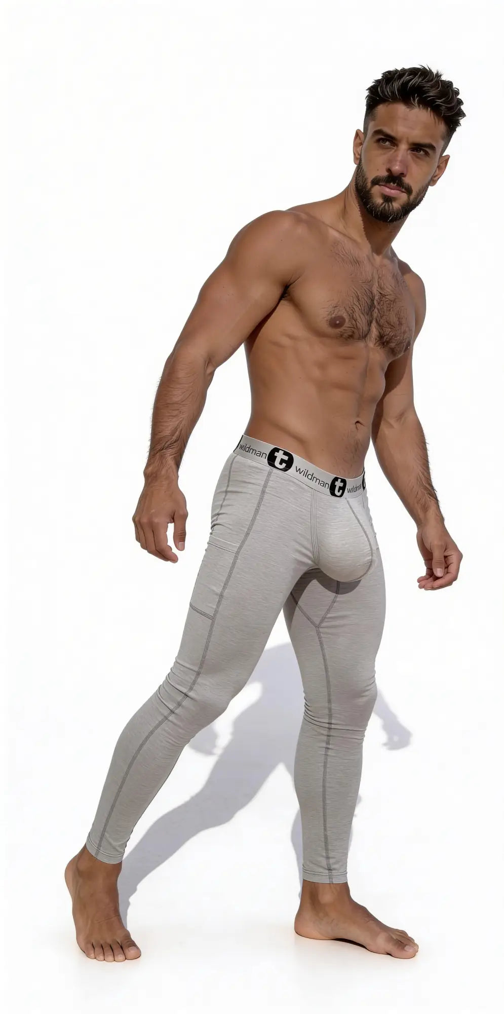 Gray form-fitting cotton long johns with a black and white branded waistband from wildmant cotton monster cock pouch