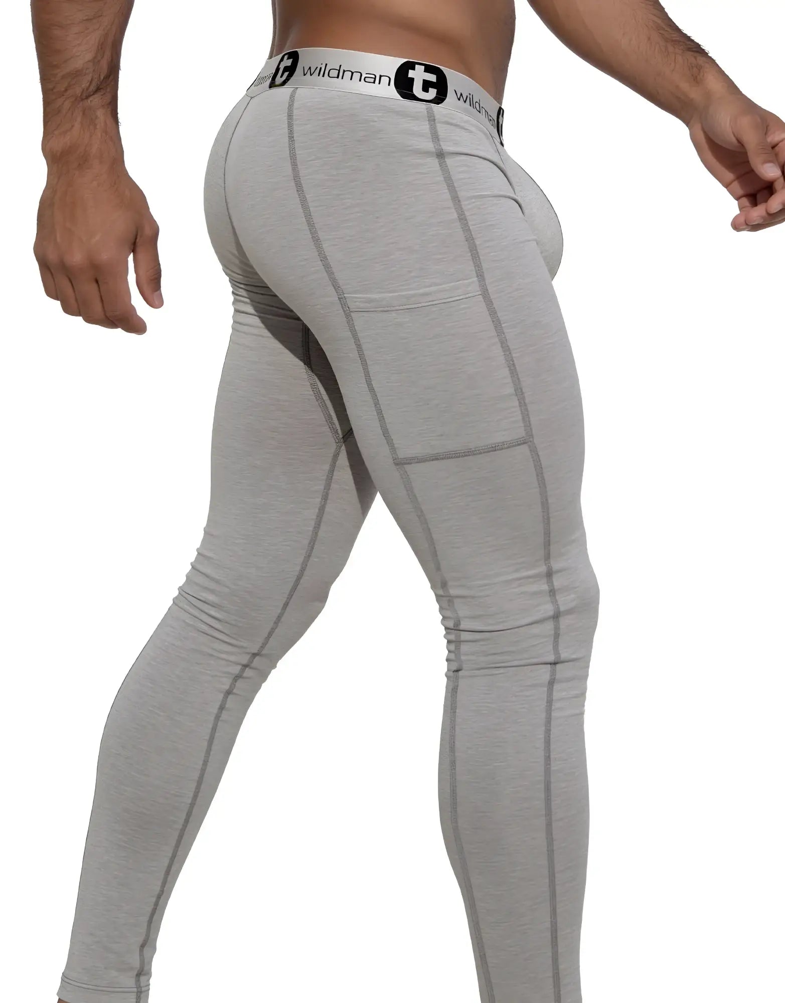 Gray form-fitting wildmanT cotton monster cock pouch long johns leggings with subtle stitching and branded waistband