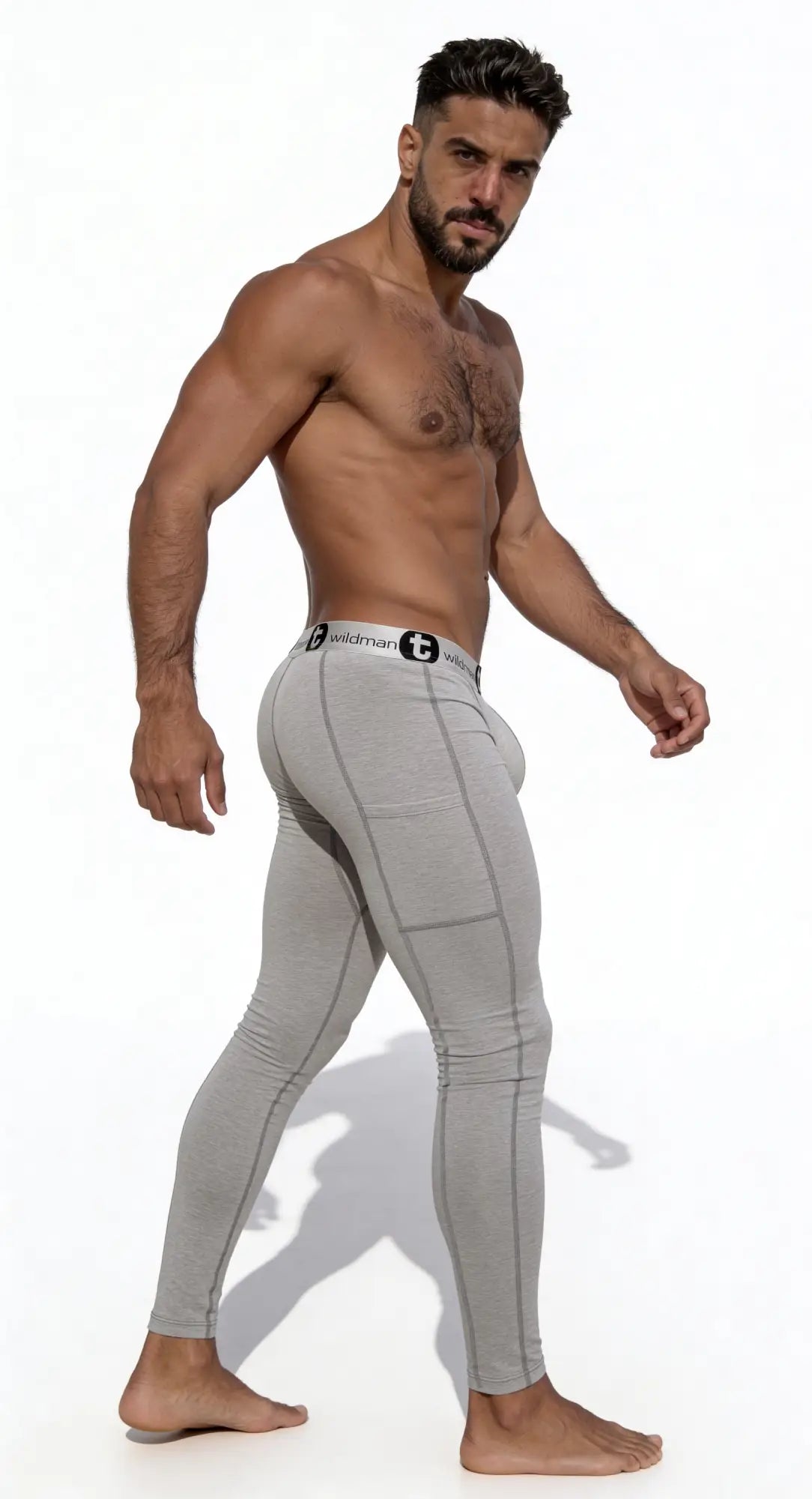 Wildmant cotton monster cock pouch underwear long johns in gray form-fitting leggings with subtle grid pattern